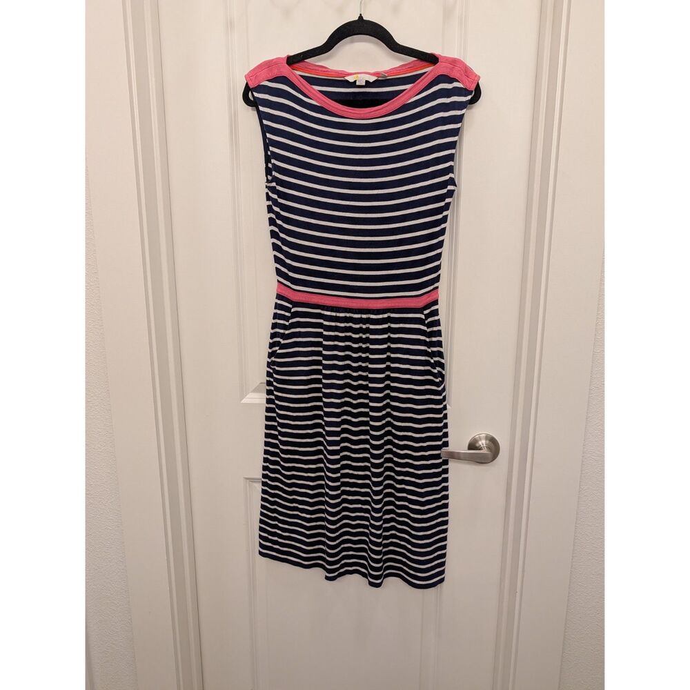 Boden Navy Blue White Striped Dress Womens Size 4R Sleeveless Pockets Knit